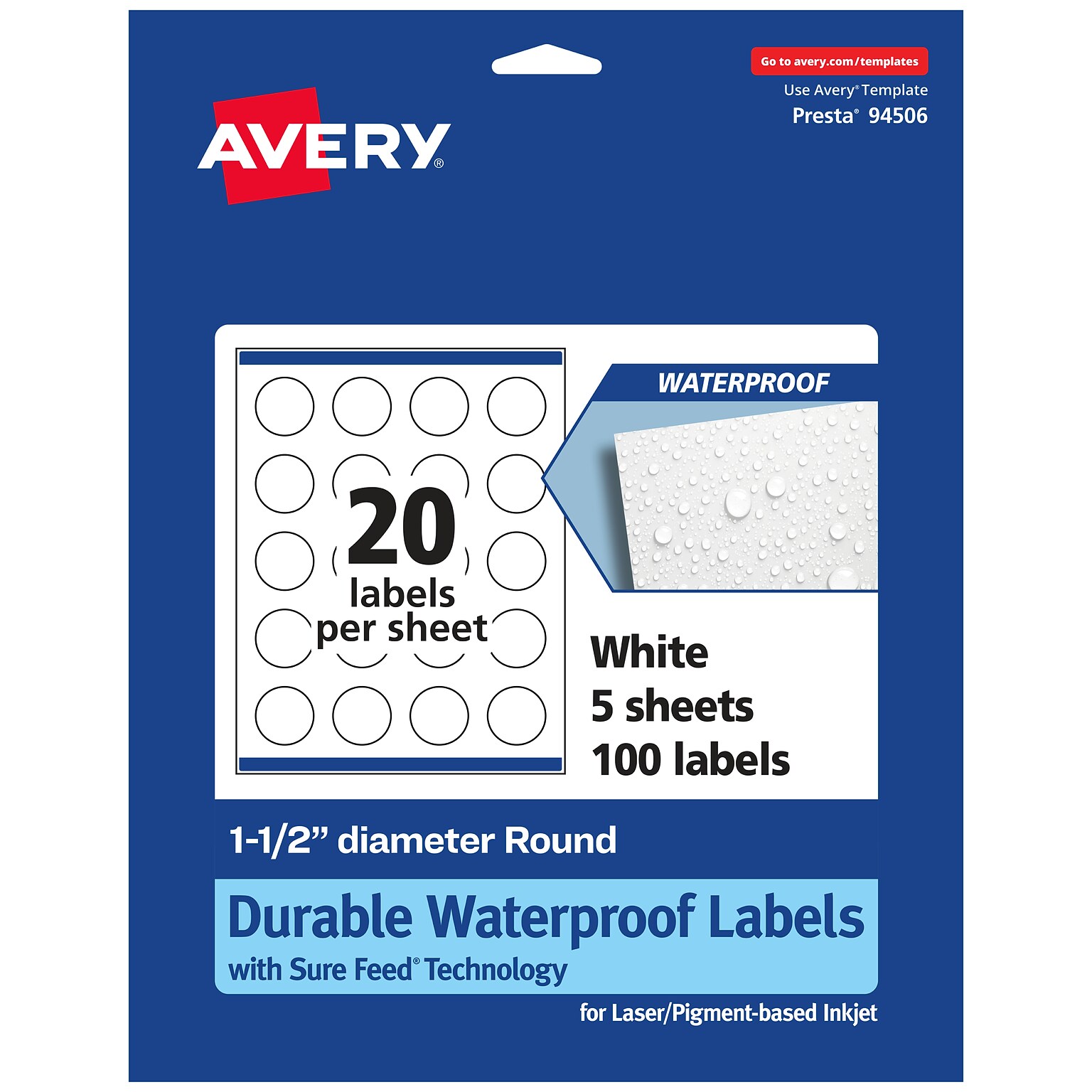 Avery Laser/Inkjet  Round Multipurpose Labels, 1.5 Dia., White, 100 Labels/Pack (94506)
