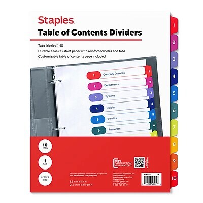 Staples Numeric Table of Contents Dividers, 1–10 Tabs, Multicolor