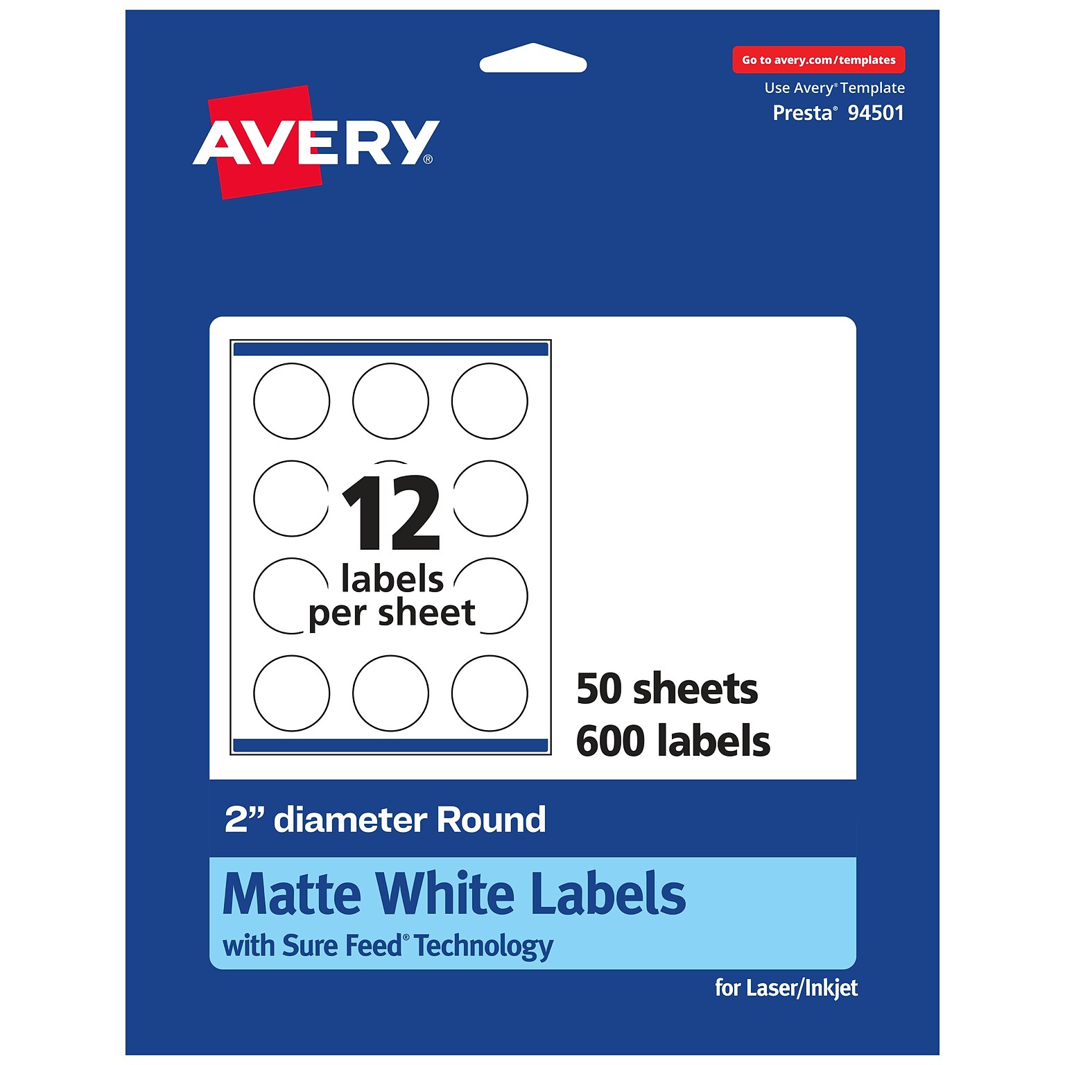 Avery Laser/Inkjet Round Multipurpose Labels, 2 Dia, Matte White, 600 Labels/Box (94501)