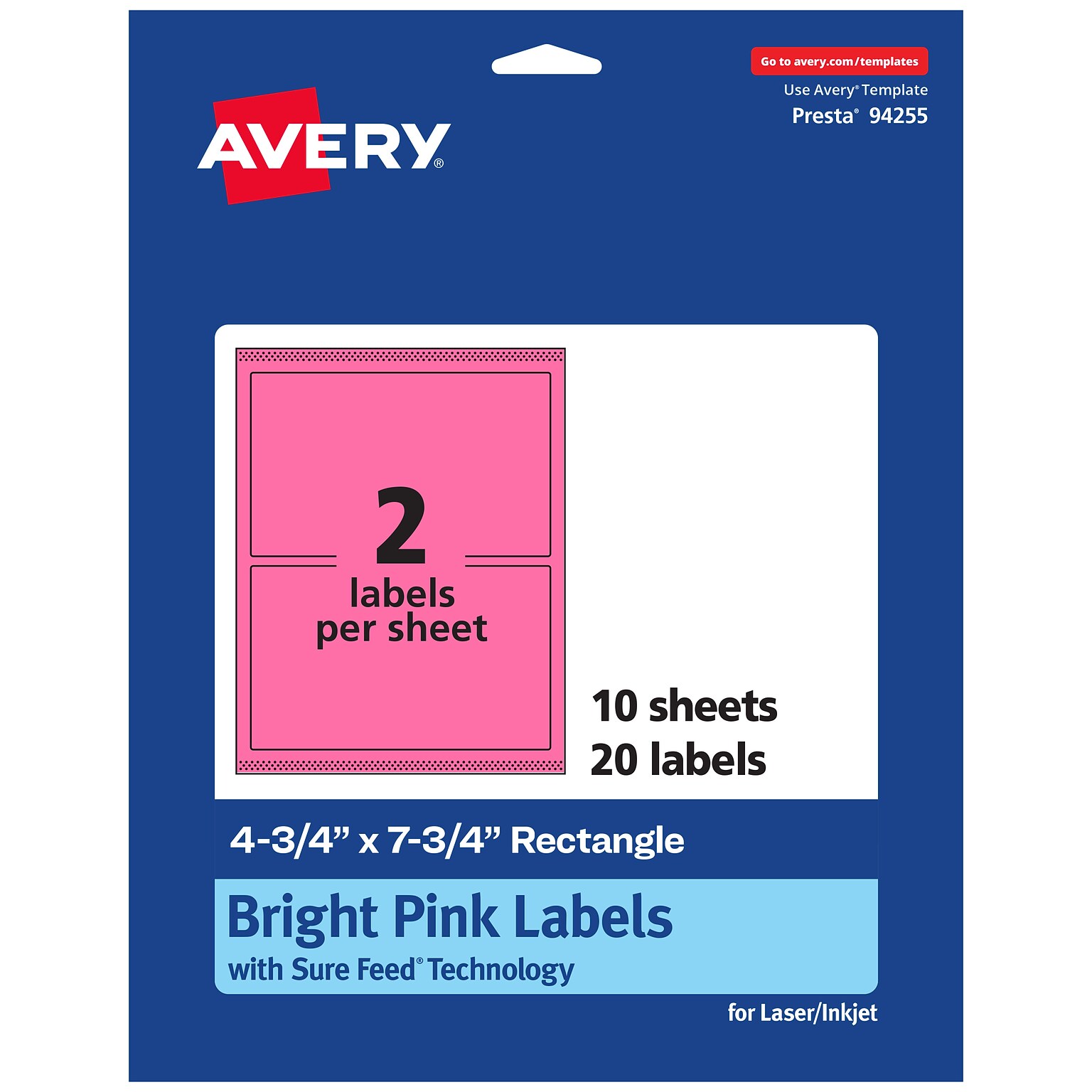 Avery Rectangle Laser/Inkjet Multipurpose Labels, 4.75 x 7.75, Bright Pink (20/Pack)