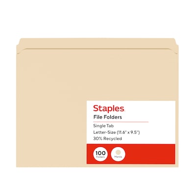 Staples 30% Recycled File Folders, Single Tab, Letter Size, Manila, 100/Box (ST56676-CC)