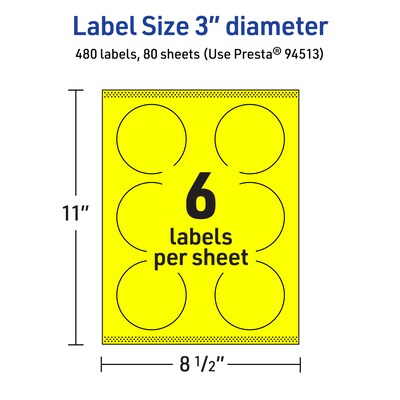 Avery Laser/Inkjet Round Multipurpose Labels, 3" Dia., Neon Yellow, 480/Box (94513)