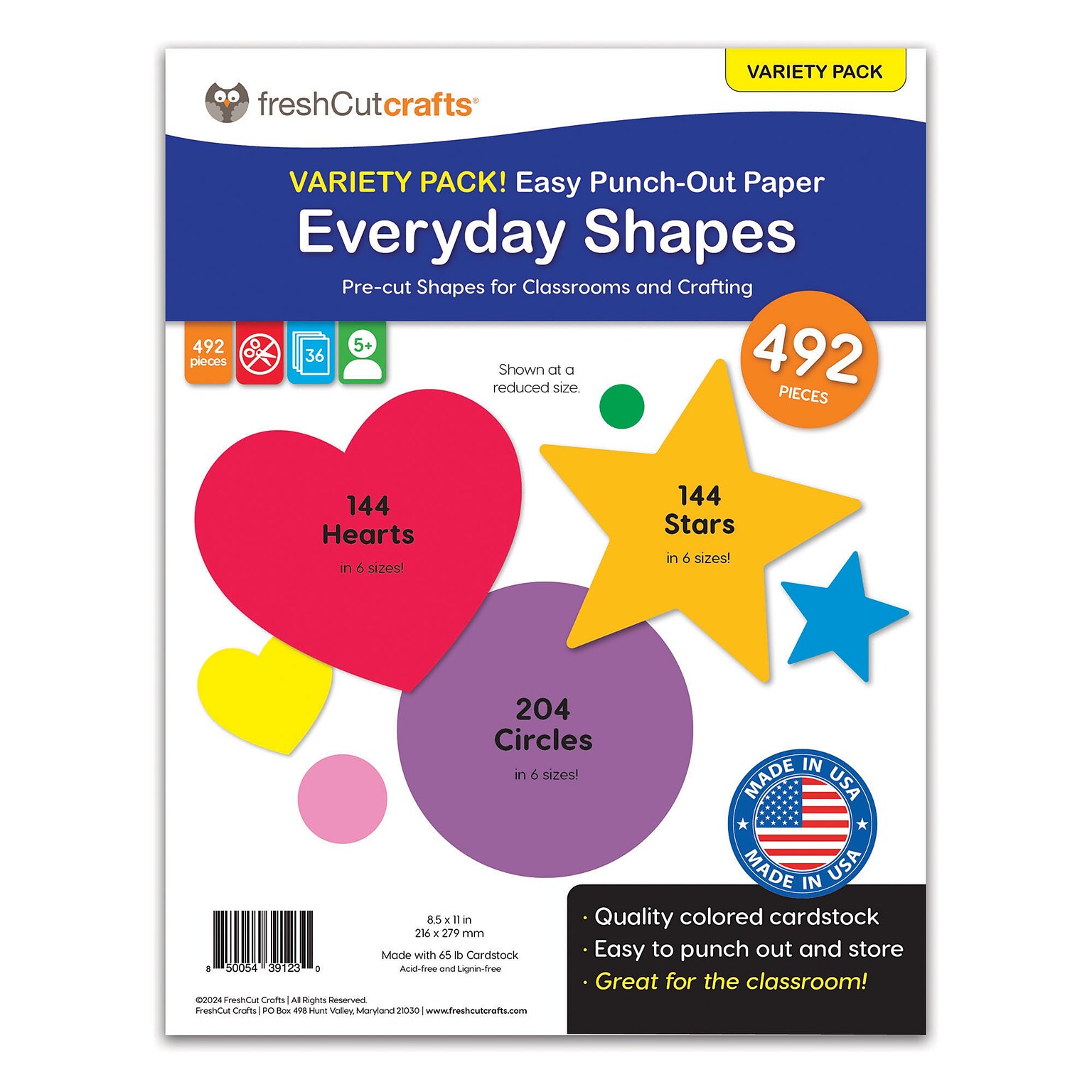 FreshCut Crafts Punch Out Paper Cutouts, Everyday Shapes, Hearts, Stars & Circles, 492 Pieces (FCC850054391230)