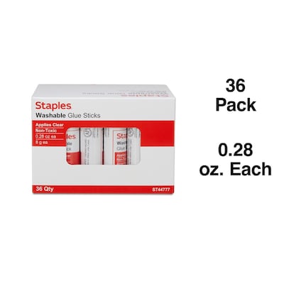 Staples Washable Glue Sticks, Clear, 8 g, 36 Pack – Bulk Easy-Clean Adhesive for Classrooms & Craft Use