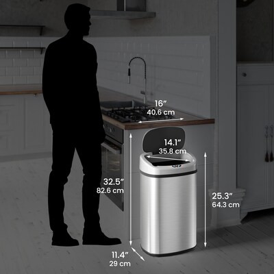 iTouchless 13 Gallon Stainless Steel Oval Sensor Kitchen Trash Can with AC Adapter, Silver