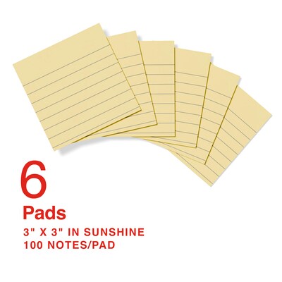 Staples Pop-up Sticky Notes, 3" x 3", Sunshine Collection, Lined, 100 Sheets/Pad, 6 Pads/Pack (ST62874)