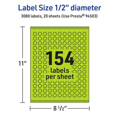 Avery Laser/Inkjet Multipurpose Circle Labels, 0.5" Dia., Bright Green, 3080/Pack (94503)
