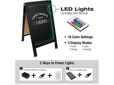 Excello Global Products Indoor/Outdoor Sidewalk LED Chalkboard Sign, 18" x 29", Black (CKB-0013-LED)