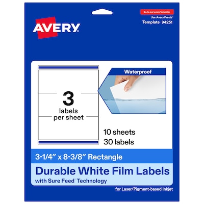 Avery Laser/Inkjet Rectangle Waterproof Multipurpose Labels, 8.375  x 3.25, White, 30/Pack (94251)