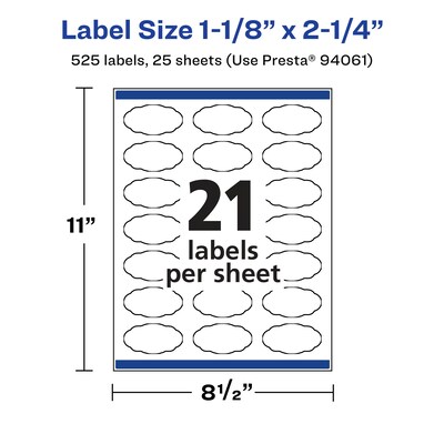 Avery Laser/Inkjet Multipurpose Labels, White, 21 Labels/Sheet, 25 Sheets/Pack (94061-WMP25)