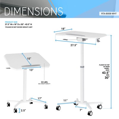 Techni Mobili Mobile Laptop Stand with Lockable Wheels, White (RTA-B008-WHT)