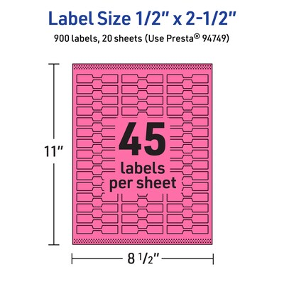 Avery Laser/Inkjet Barbell Multipurpose Labels, 0.5" x 2.5", Bright Pink, 900/Pack (94749)
