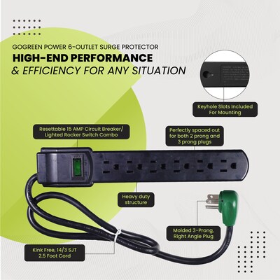 GoGreen Power 2.5' Surge Protector, 6 Outlet, Black (GG-16103MSBK)