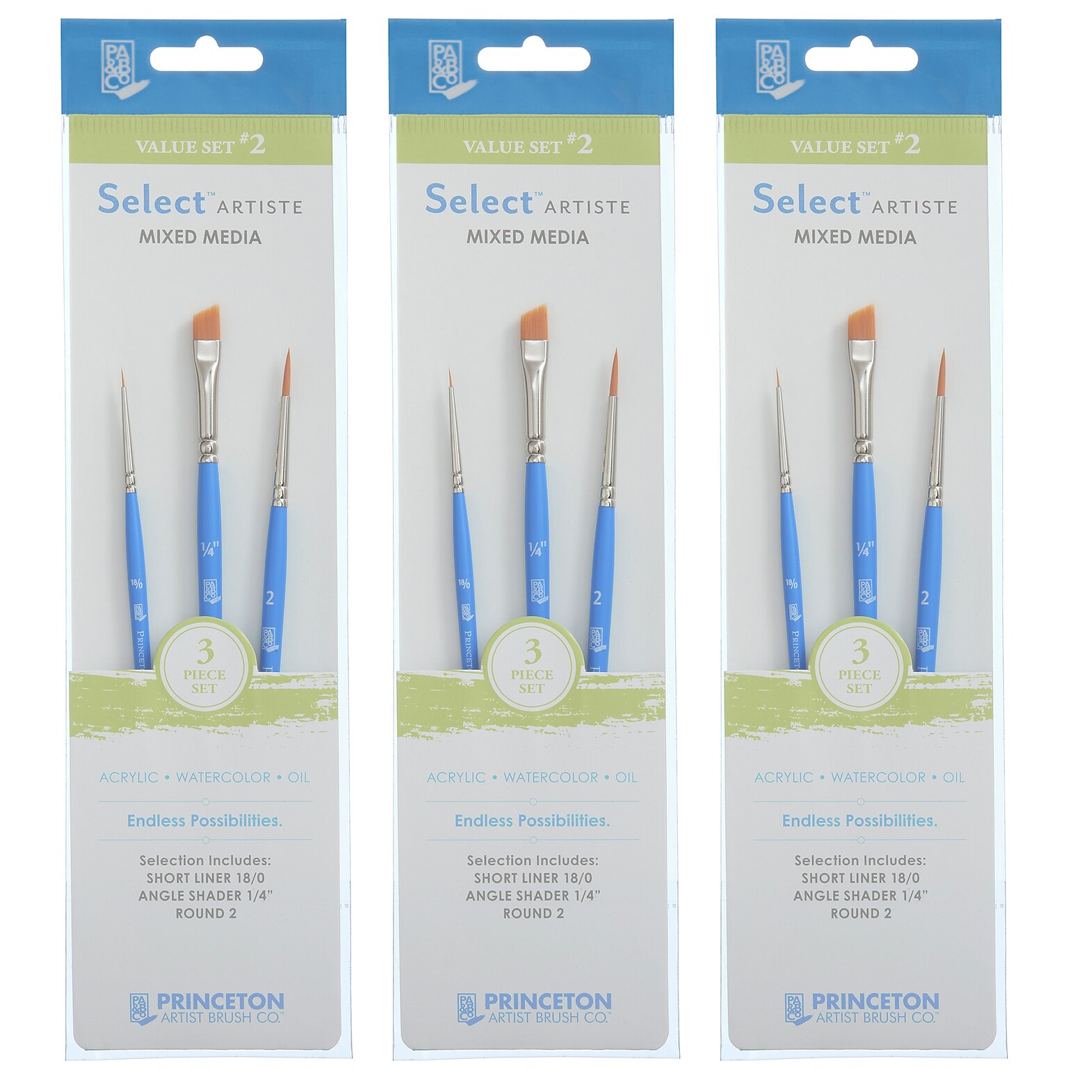 Princeton Select Artiste Mixed Media Synthetic Variety Brush Set No. 2, 3/Set, 3 Sets/Bundle (PBXP3750SET102-3)