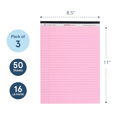 Roaring Spring Paper Products Enviroshades Notepad, 8.5" x 11.75", Wide Ruled, Pink, 50 Sheets/Pad, 3 Pads/Pack (74153)