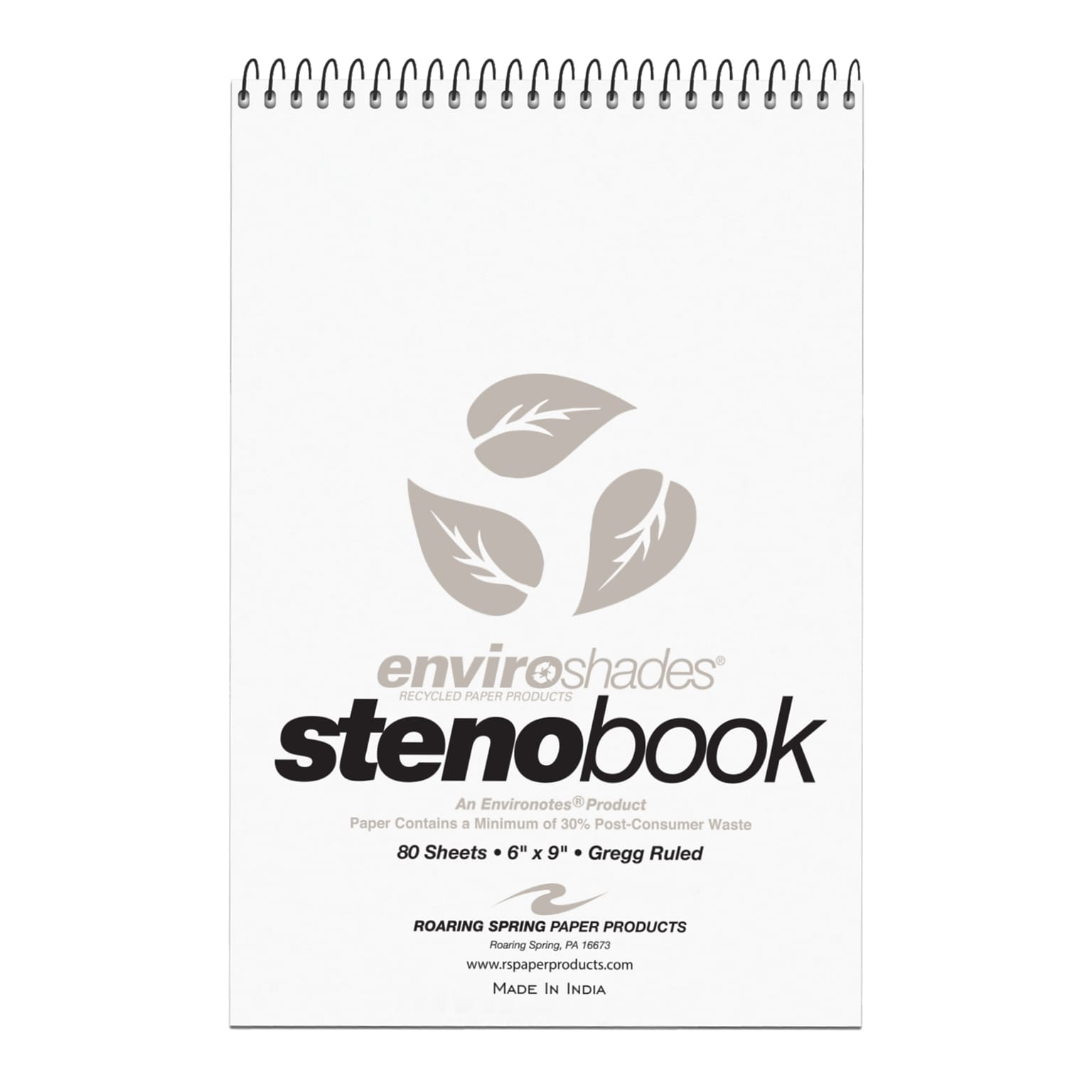 Roaring Spring Enviroshades Steno Notebook, 6 x 9, 80 Sheets/Pad, Gregg Ruled, Recycled Gray Paper, 4 Books/Pk (12274)