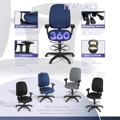 Regency Comfort Series Fabric Drafting Chair with Footrest and Lumbar Support, Navy Blue (125-DK-NV)