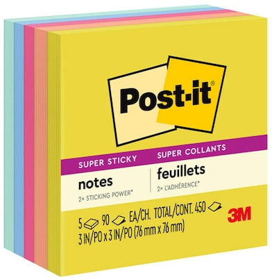 Post-it Super Sticky Notes, 3 x 3, Summer Joy Collection, 90 Sheet/Pad, 5 Pads/Pack (654-5SSJOY)
