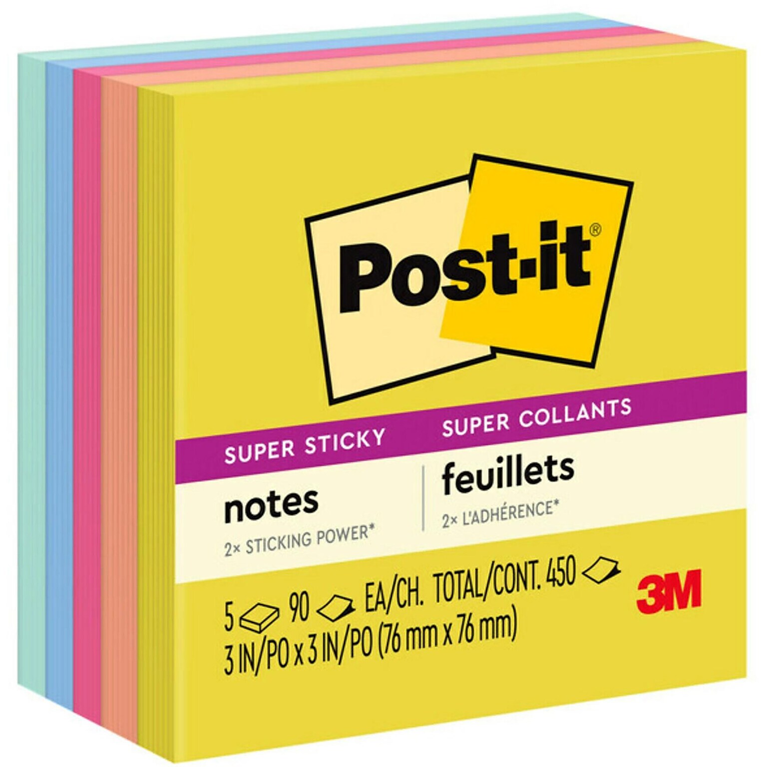 Post-it Super Sticky Notes, 3 x 3, Summer Joy Collection, 90 Sheet/Pad, 5 Pads/Pack (654-5SSJOY)