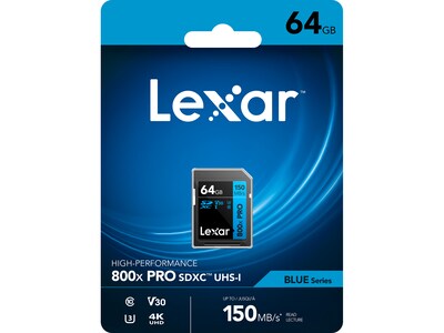 Lexar High-Performance 800x PRO BLUE Series 64GB SDXC Memory Card, Class 10, UHS-I, V30 (LSD0800P064G-BNNNU)