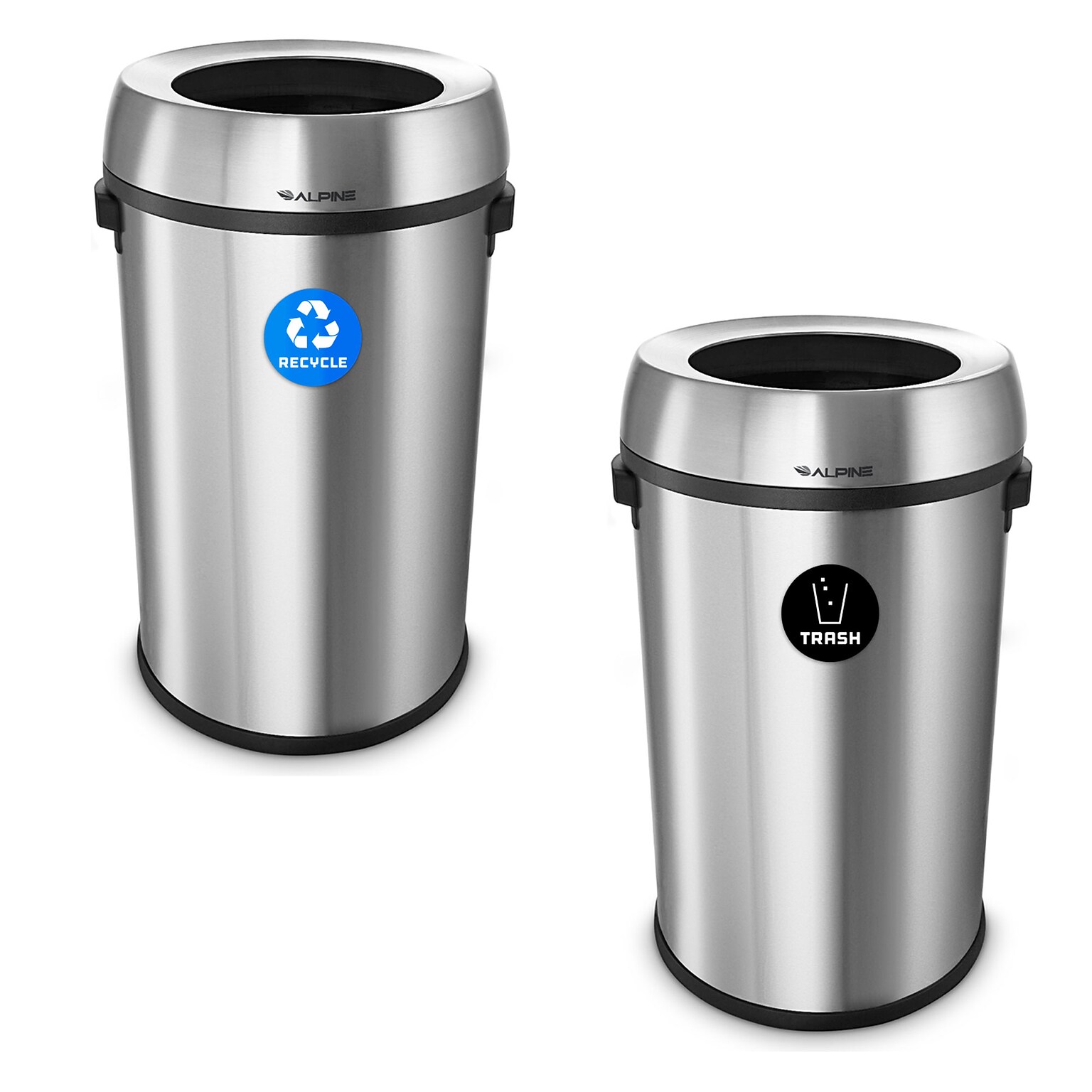 Alpine Industries Stainless Steel Recycling Bin and Trash Can with Open Lid, 34 Gallon, Silver, 2/Pack (ALP470-65L-R-T)