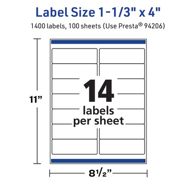 Avery TrueBlock Laser/Inkjet Rectangle Multipurpose Labels, 1-1/3" x 4", White, 1400/Box (94206)