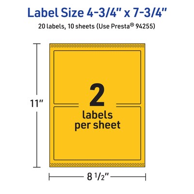 Avery Laser/Inkjet Rectangle Multipurpose Labels, 4.75" x 7.75", Bright Yellow, 20/Pack (94255)