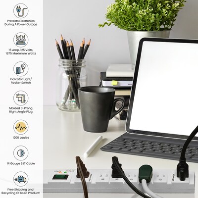 GoGreen Power 6' Metal Surge Protector, 7 Outlets, White (GG-17636)