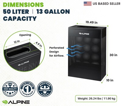 Alpine Industries Stainless Steel Trash Can, 13 Gallon, Black (ALP438-13-BLK)