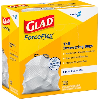 Glad ForceFlex Tall 13 Gallon Drawstring Commercial Trash Bag, Low Density, 0.6 mil, White, 400 Total Bags (78526)