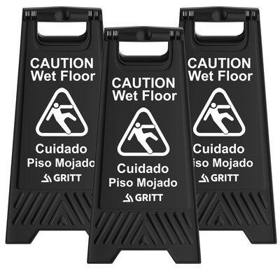Gritt Commercial Safety "Caution Wet Floor" A-Frame/Sandwich Board Sign, 24"H, Black, 3/Pack (GRI184-BLK-3PK)