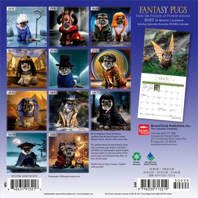 2027 BrownTrout Fantasy Pugs 7 x 7 Monthly Wall Calendar, Assorted Colors (9798330713219)