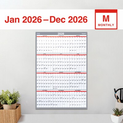 2026 Staples 48 x 32 Yearly Dry Erase Wall Calendar, Reversible, White/Red/Gray (ST58450-26)