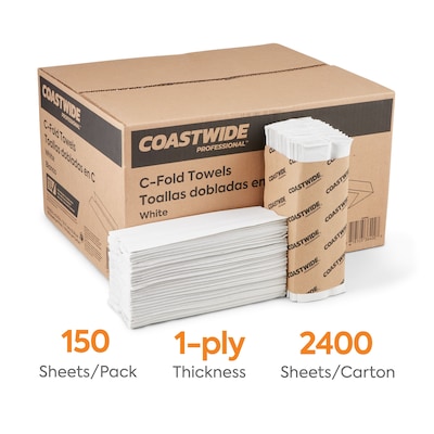 Coastwide Professional™ Recycled C-Fold Paper Towels, 1-Ply, 150 Sheets/Pack, 2400 Sheets/Carton (CW25383)