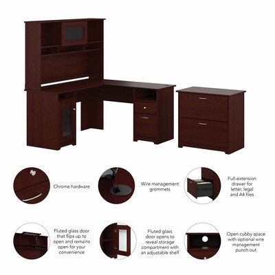 Bush Furniture Cabot 60"W L Shaped Computer Desk with Hutch and Lateral File Cabinet, Harvest Cherry (CAB005HVC)