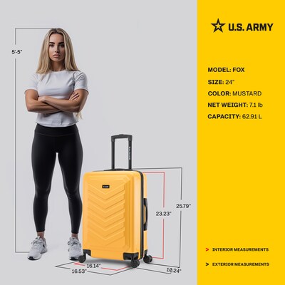 US Army FOX 25.79" Hardside Suitcase, 4-Wheeled Spinner, TSA Checkpoint Friendly, MUSTARD (USLFOX00M-MUS)