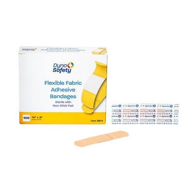 Dynarex DynaSafety 3/4" x 3" Fabric Adhesive Bandages, Beige, 100 Bandages/Box, 24 Boxes/Carton (3611)