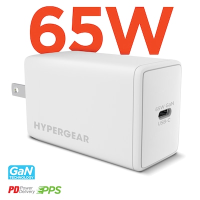 HyperGear SpeedBoost 65W USB-C PD GaN Laptop Wall Charger with PPS, White (15876)