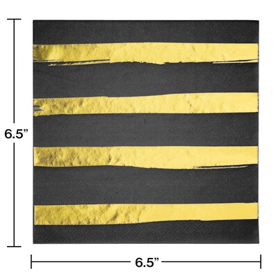 Creative Converting Black and Gold Foil Striped Paper Napkins, 192/Pack (329934)