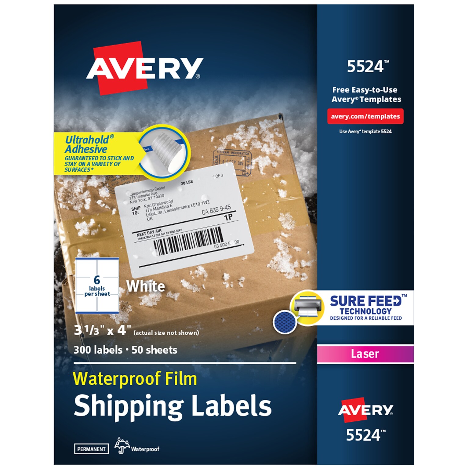 Avery Waterproof Laser Shipping Labels, 3-1/3 x 4, Matte White, 6 Labels/Sheet, 50 Sheets/Box, 300 Labels/Box (5524)