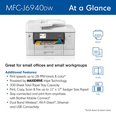 Brother MFC-J6940DW Color Inkjet All-in-One Printer Print, Copy, Scan, Fax up to 11”x17”