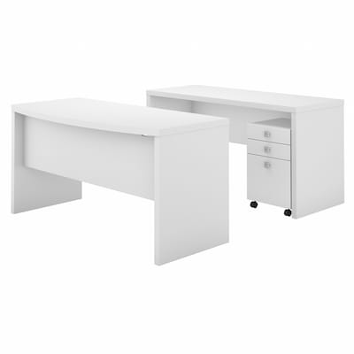 Bush Business Furniture Echo 60W Bow Front Desk and Credenza with Mobile File Cabinet, Pure White (