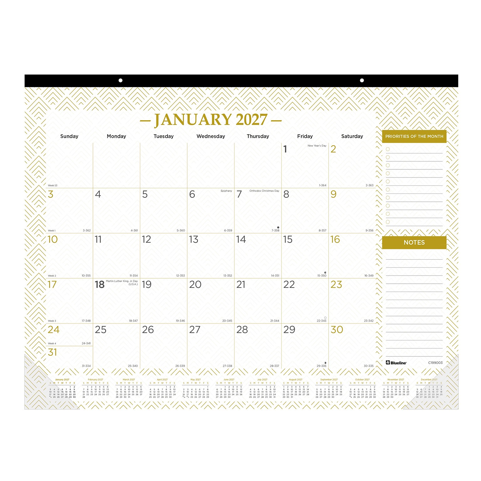 2027 Blueline Classic Gold 22 x 17 Monthly Desk Pad Calendar, White/Gold (C199003-27)