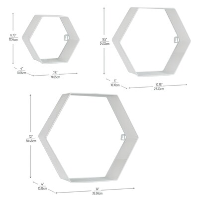 Mind Reader Metal Honeycomb Hexagon Floating Shelves, White, 3/Set (WALL3PC-WHT)