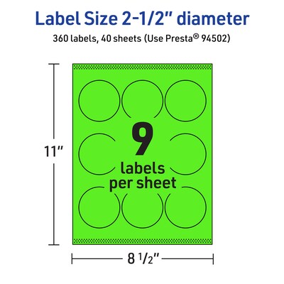 Avery Laser/Inkjet Multipurpose Circle Labels, 2.5" Dia., Neon Green, 360/Pack (94502)