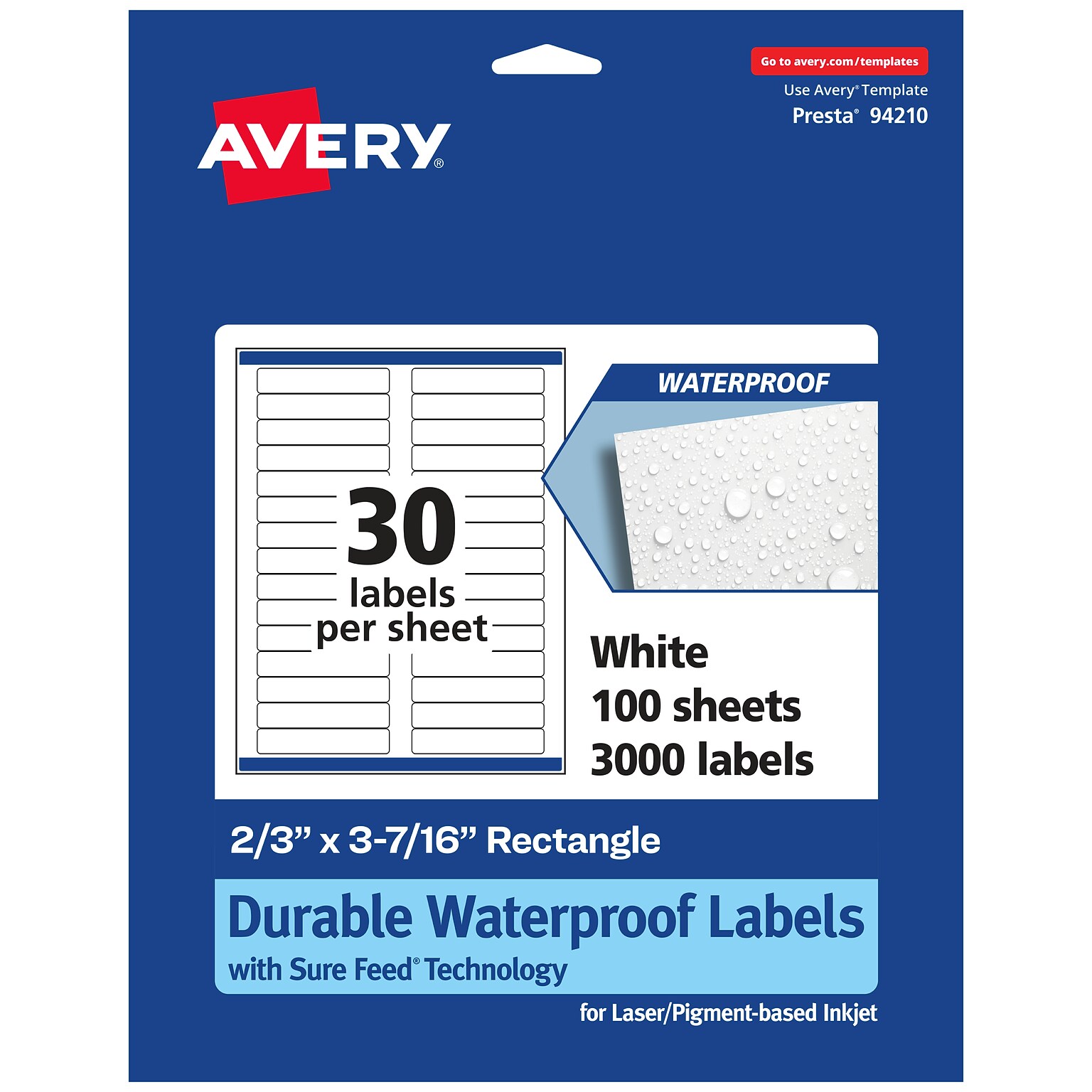 Avery Laser/Inkjet Rectangle Waterproof Multipurpose Labels, 3.4375  x 0.6667, White, 3000/Box (94210)