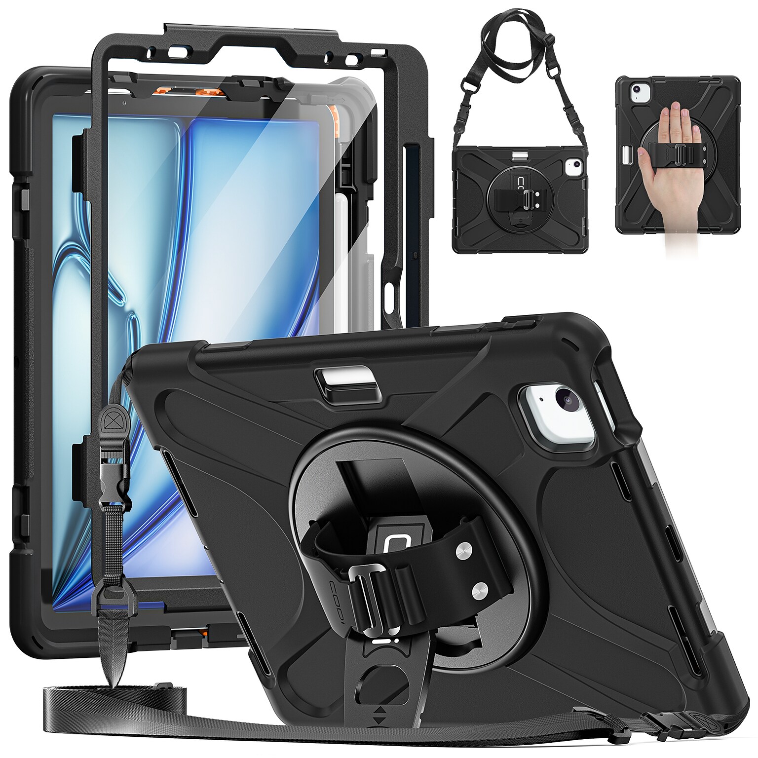 CODi Rugged Case Integrated Screen Protector for iPad Air 11 (M2/M3), Pro 11 (1-4 Gen), Air 10.9 (4-5 Gen), Black