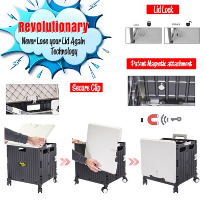 Dbest Quik Cart Swing Lid Four Swivel Wheeled Rolling Crate Teacher Utility with Seat, Black/Grey (01-910)