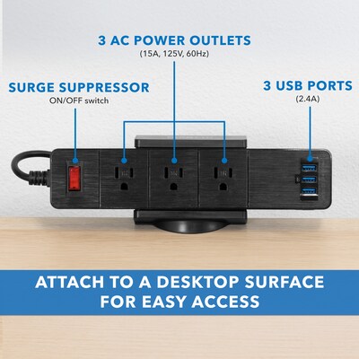 Mount-It! 3-Outlet 3-USB Port Desktop Power Strip with Clamp Desk Mount, Black (MI-7281B)