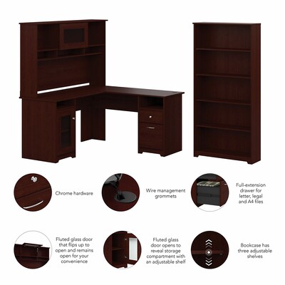 Bush Furniture Cabot 60"W L Shaped Computer Desk with Hutch and 5 Shelf Bookcase, Harvest Cherry (CAB011HVC)